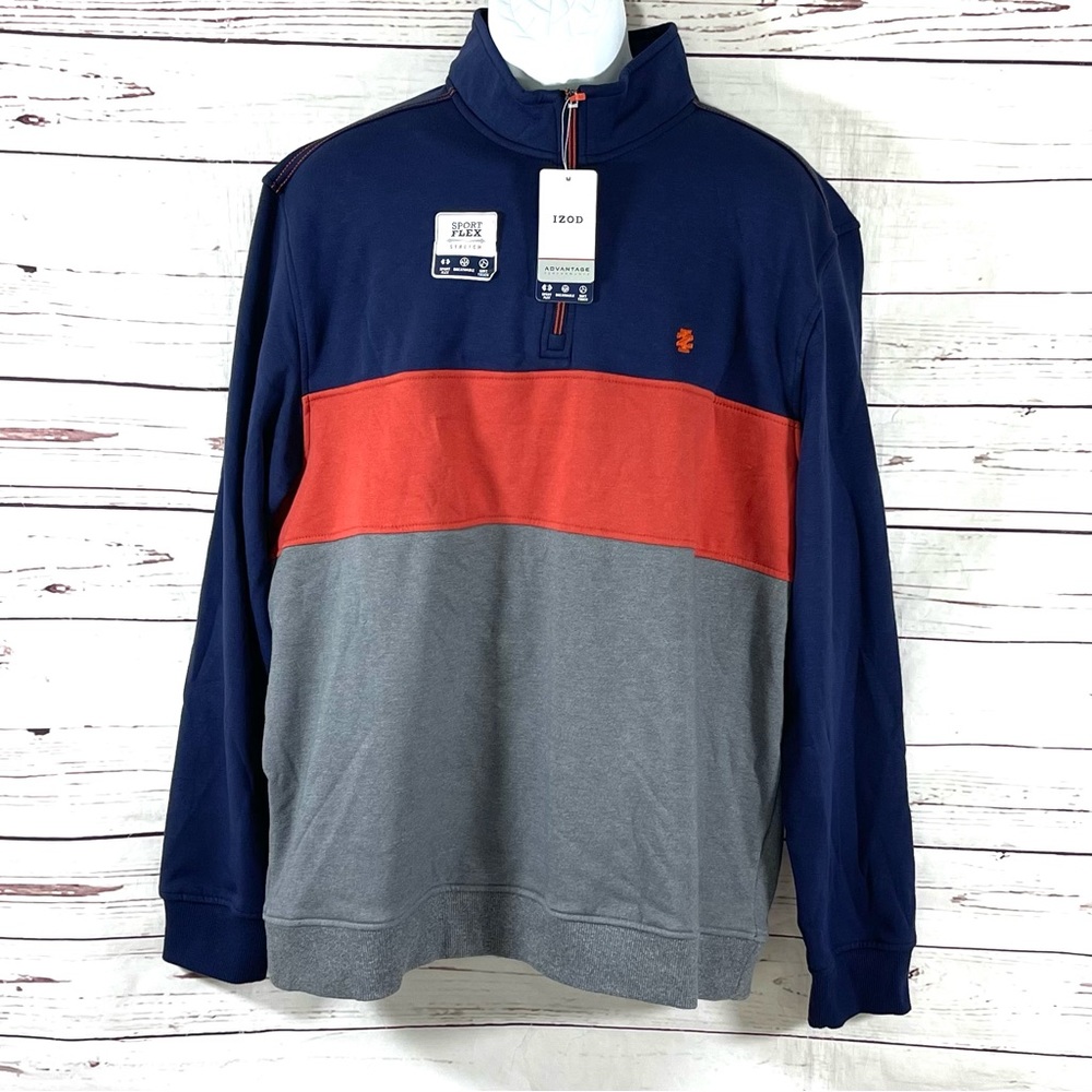 Izod Sweatshirt Mens Size XL Advantage Performance 1/4‎ Zip Blue /Gray /Red